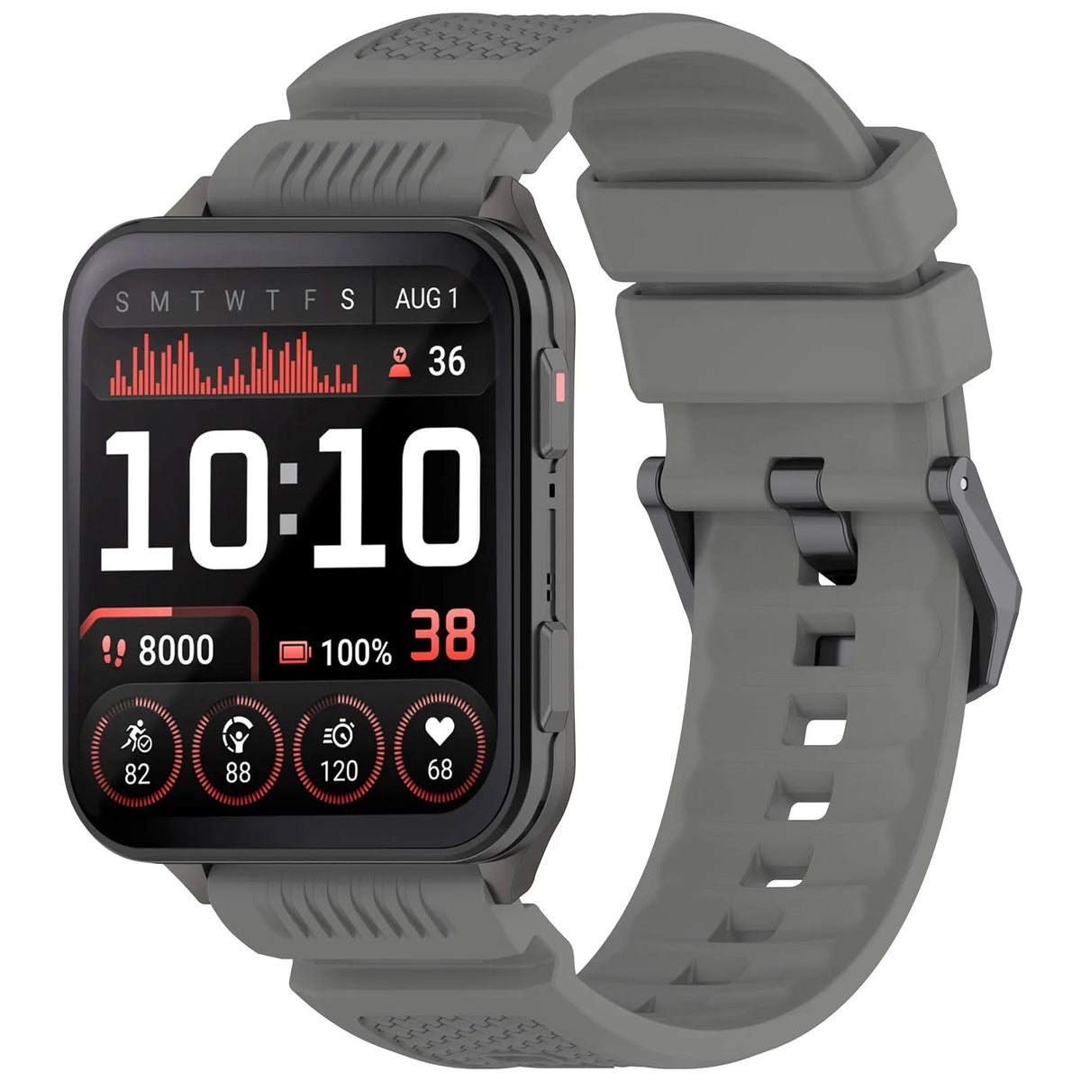 Silicone Strap, grey, on a watch, 3/4 front view