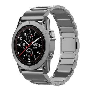 Magnetic Titanium Strap, graphite, on a watch, 3/4 front view