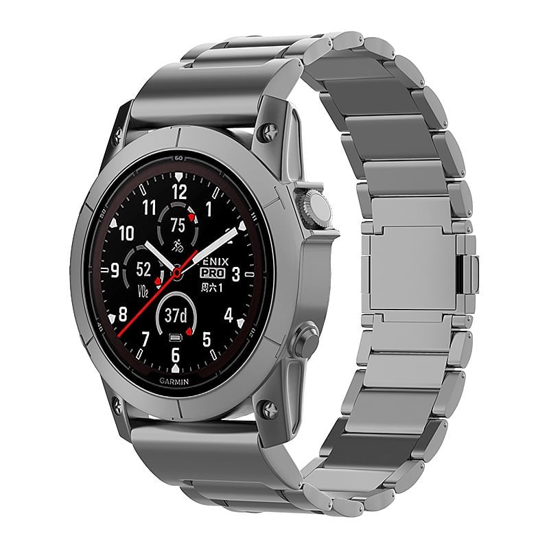 Magnetic Titanium Strap, graphite, on a watch, 3/4 front view