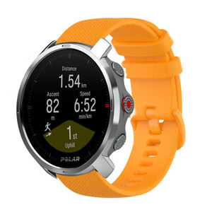 Premium Silicone Strap, orange, on a watch, 3/4 front view