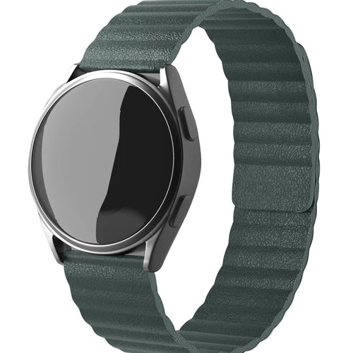 Leather Loop Strap, viridian, on a watch, 3/4 front view