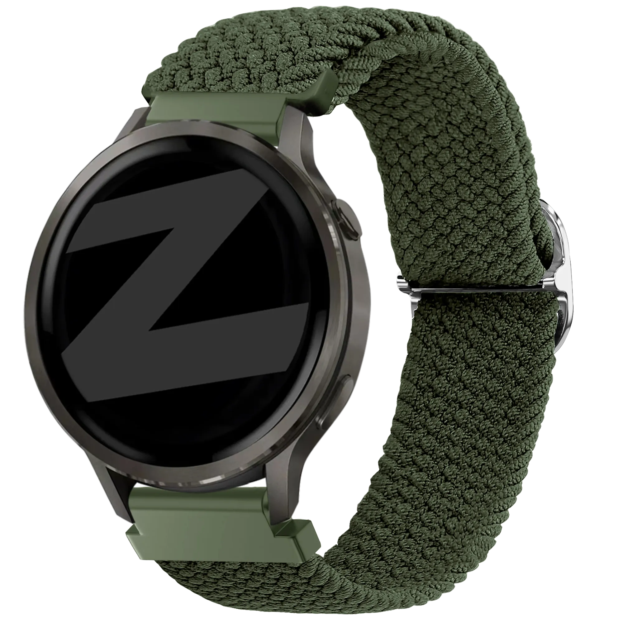 Braided Nylon Strap, green, on a watch, 3/4 front view