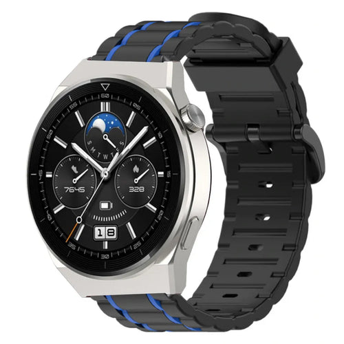 Silicone Sport Strap with Buckle, black/blue, on a watch, 3/4 front view