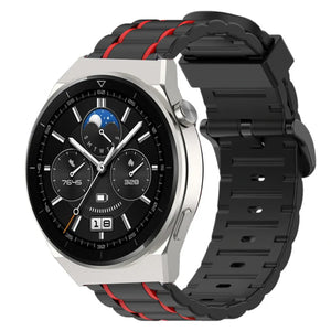 Silicone Sport Strap with Buckle, black/red, on a watch, 3/4 front view