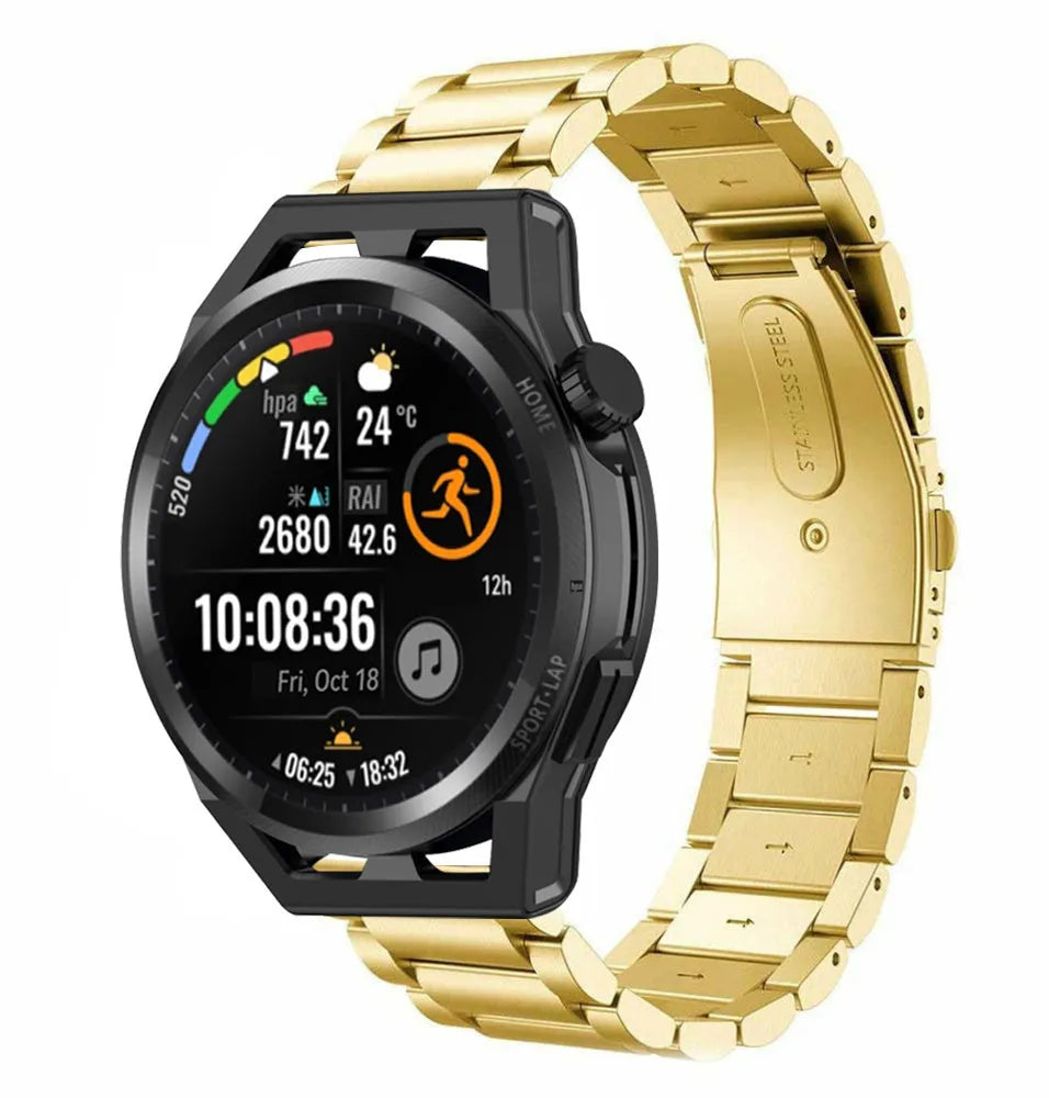 Steel Strap, gold, on a watch, 3/4 front view