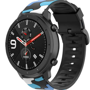 Silicone Camo Strap, blue, on a watch, 3/4 front view