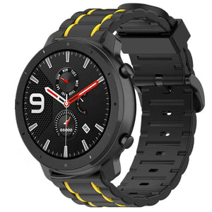 Silicone Sport Strap with Buckle, black/yellow, on a watch, 3/4 front view
