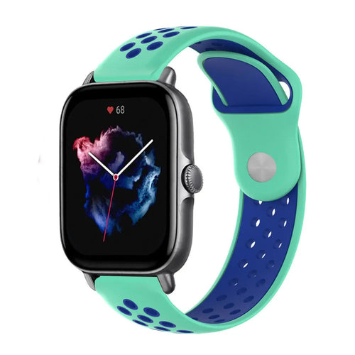 Silicone Sport Strap, aqua/blue, on a watch, 3/4 front view