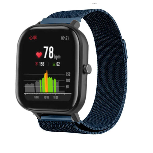 Milanese Strap, blue, on a watch, 3/4 front view
