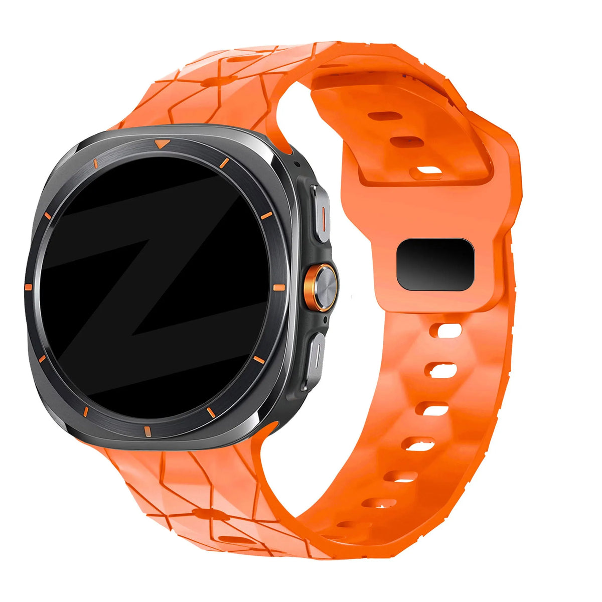Silicone Strap Hexagons, orange, on a watch, 3/4 front view