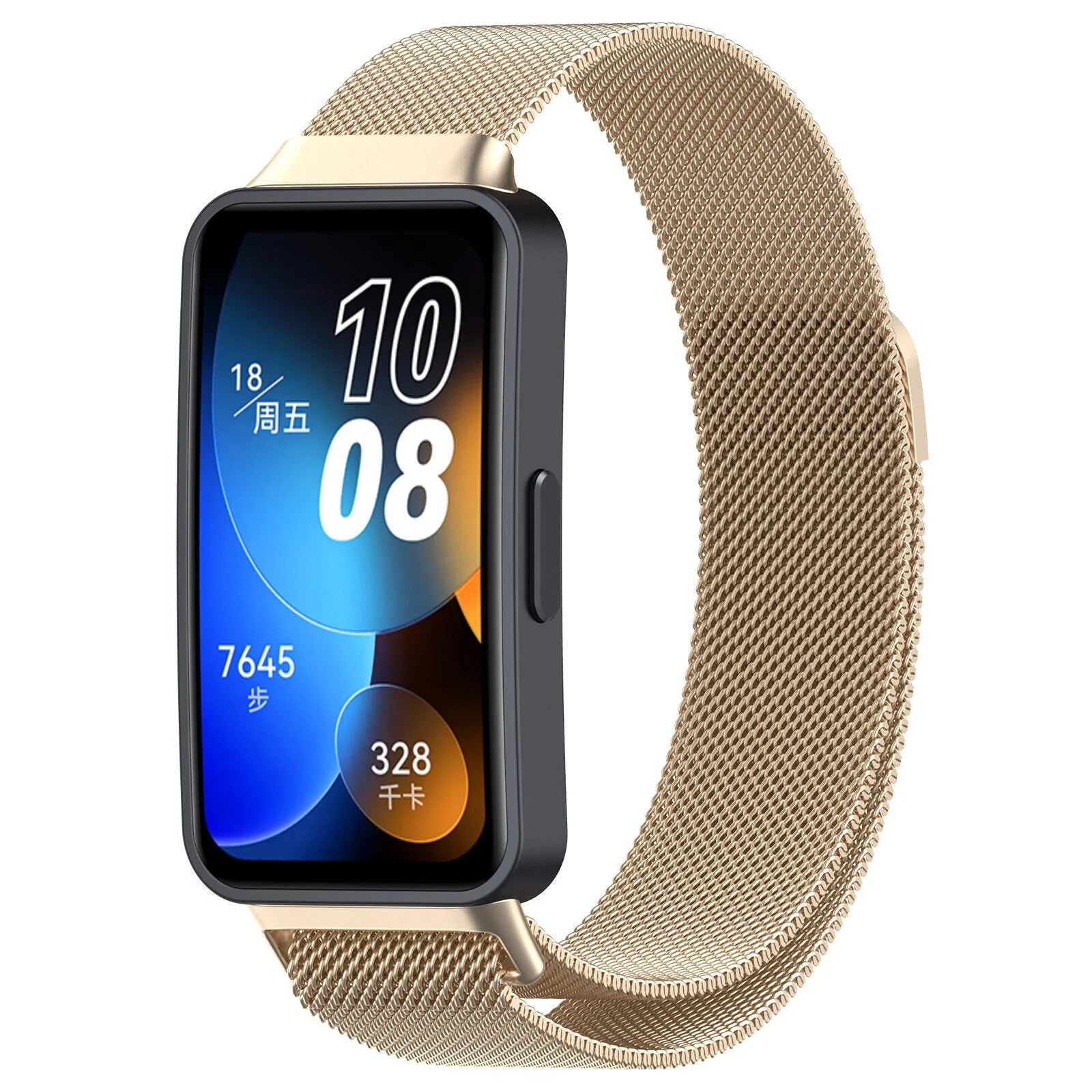 Milanese Strap, champagne, on a watch, 3/4 front view