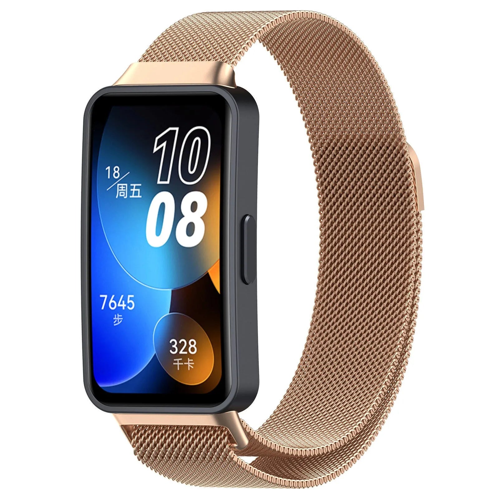 Milanese Strap, rose gold, on a watch, 3/4 front view