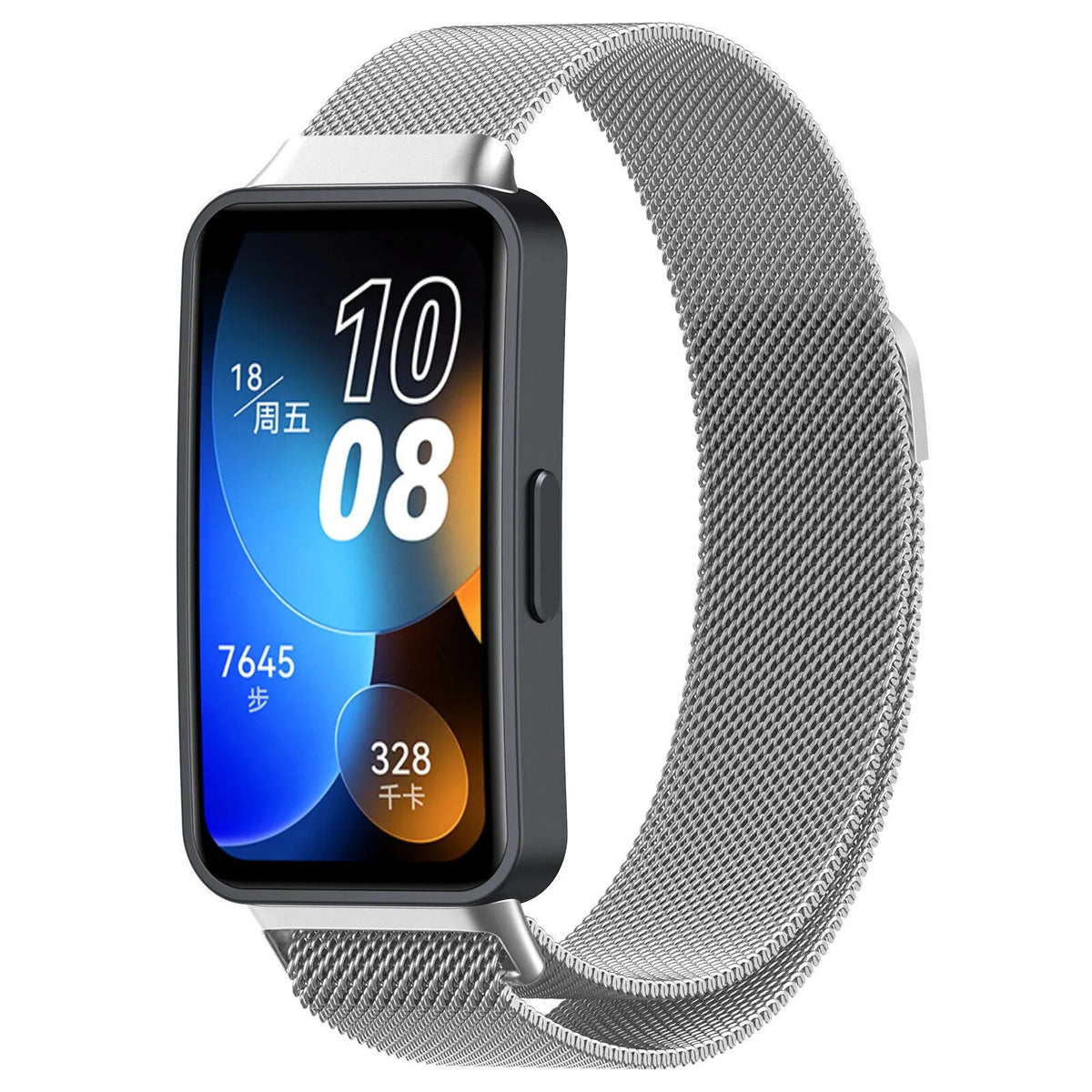 Milanese Strap, silver, on a watch, 3/4 front view