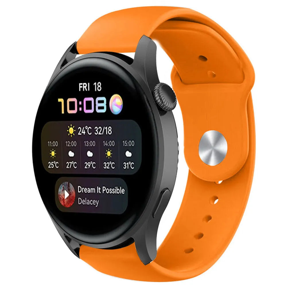 Silicone Sport Strap, orange, on a watch, 3/4 front view