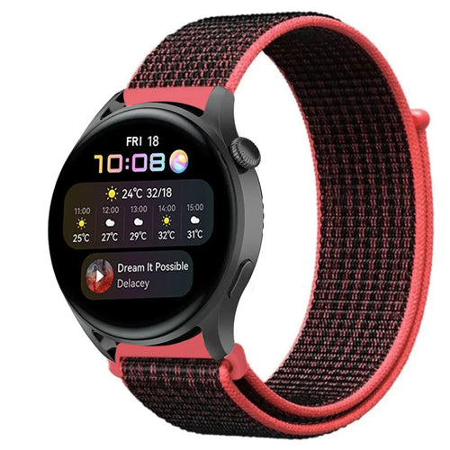Nylon Strap, black/coral, on a watch, 3/4 front view