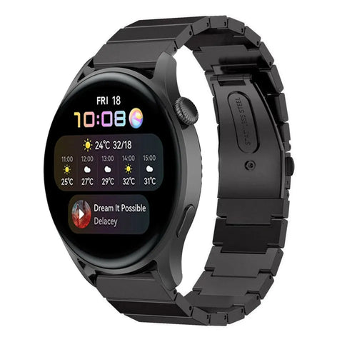 Premium Metal Strap, black, on a watch, 3/4 front view