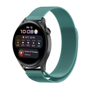 Milanese Strap, green, on a watch, 3/4 front view