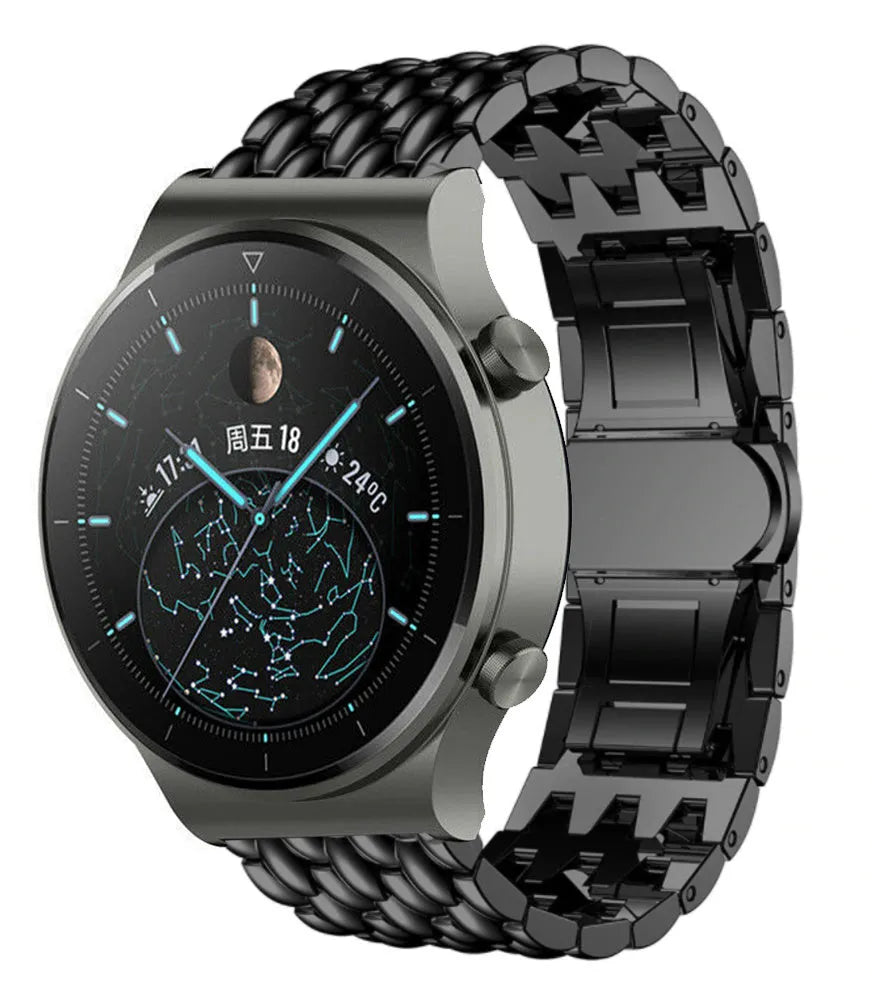 Steel Dragon Strap, black, on a watch, 3/4 front view
