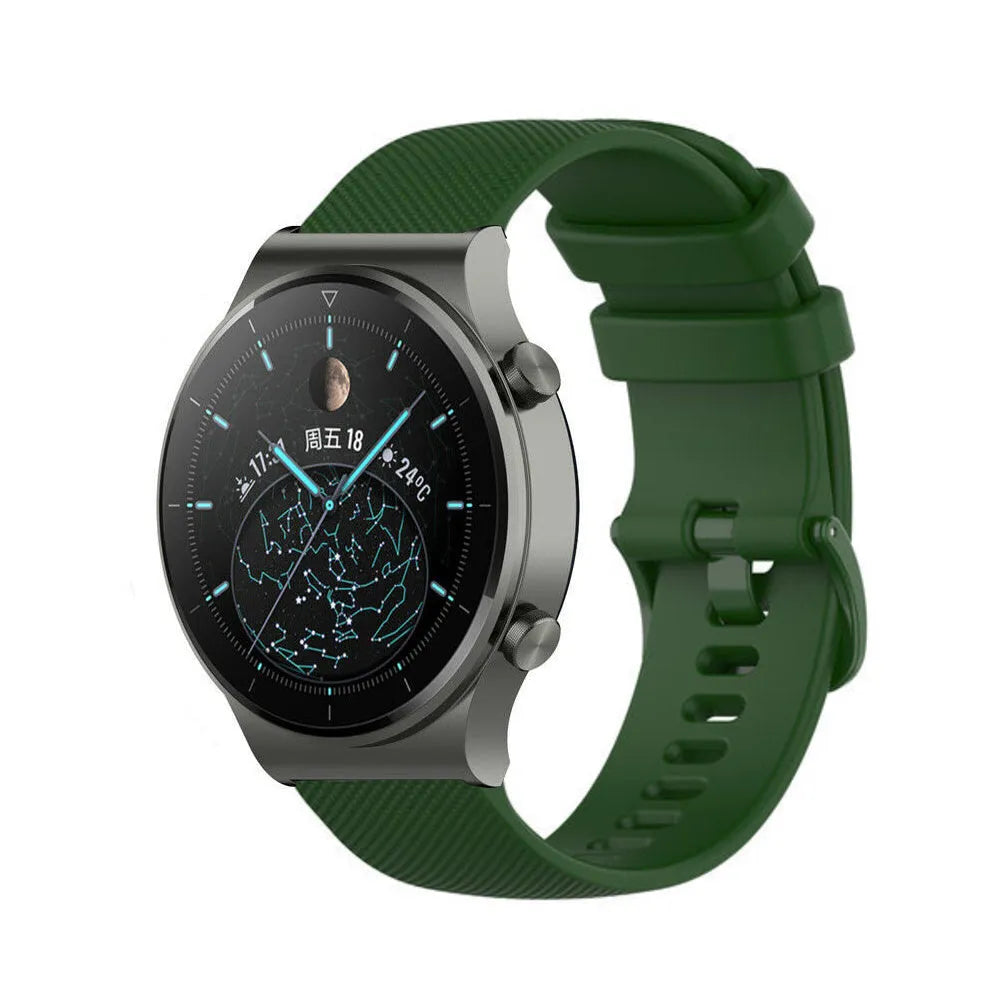 Premium Silicone Strap, army green, on a watch, 3/4 front view