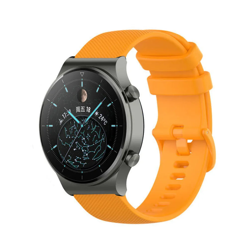Premium Silicone Strap, orange, on a watch, 3/4 front view