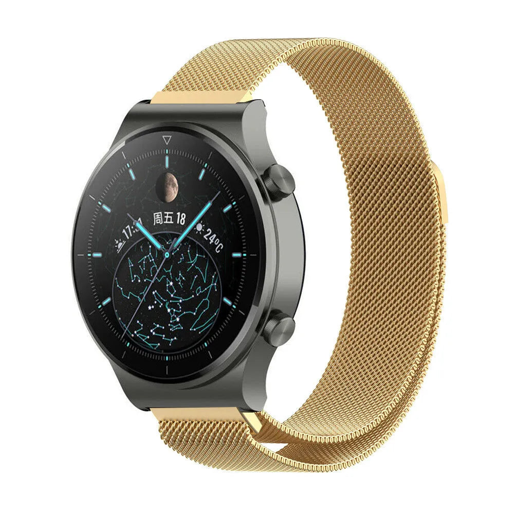 Milanese Strap, gold, on a watch, 3/4 front view