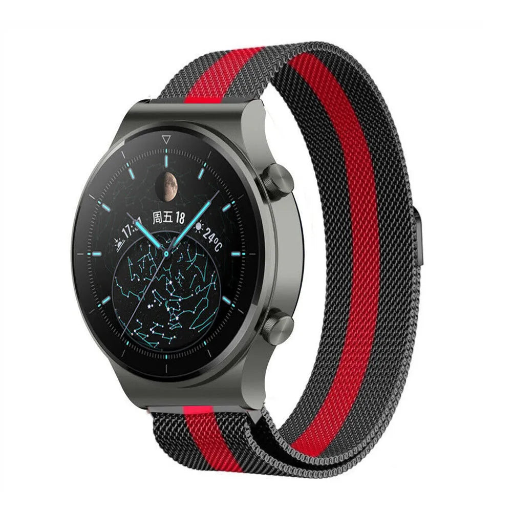 Milanese Strap, black/red, on a watch, 3/4 front view