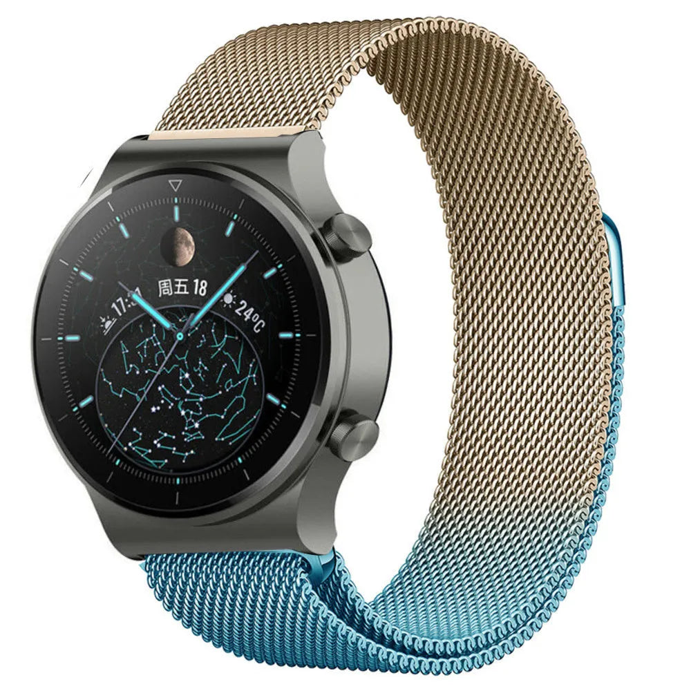 Milanese Strap, blue/gold, on a watch, 3/4 front view