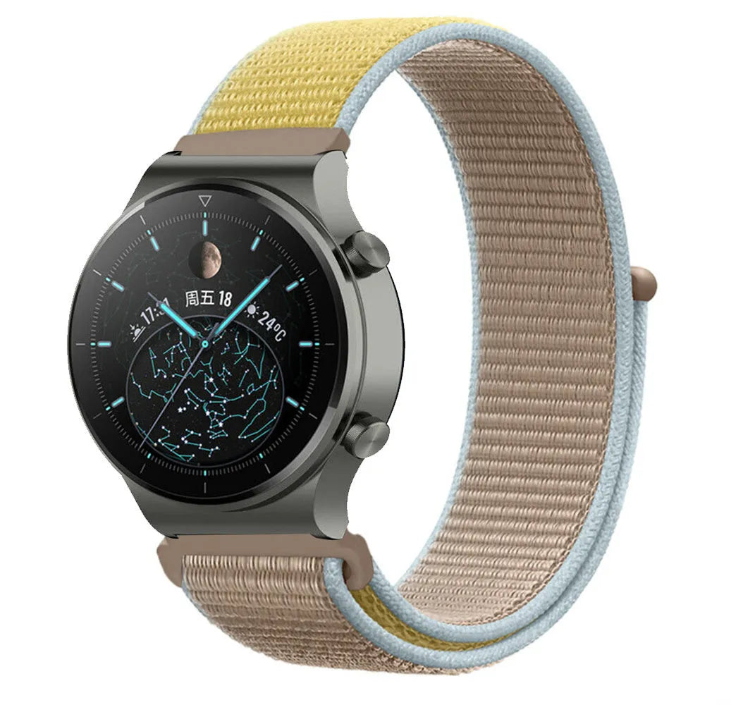 Nylon Strap, camel, on a watch, 3/4 front view