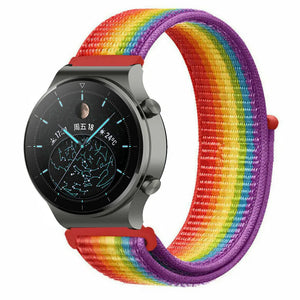 Nylon Strap, rainbow, on a watch, 3/4 front view