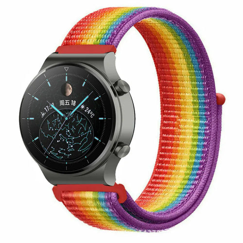 Nylon Strap, rainbow, on a watch, 3/4 front view