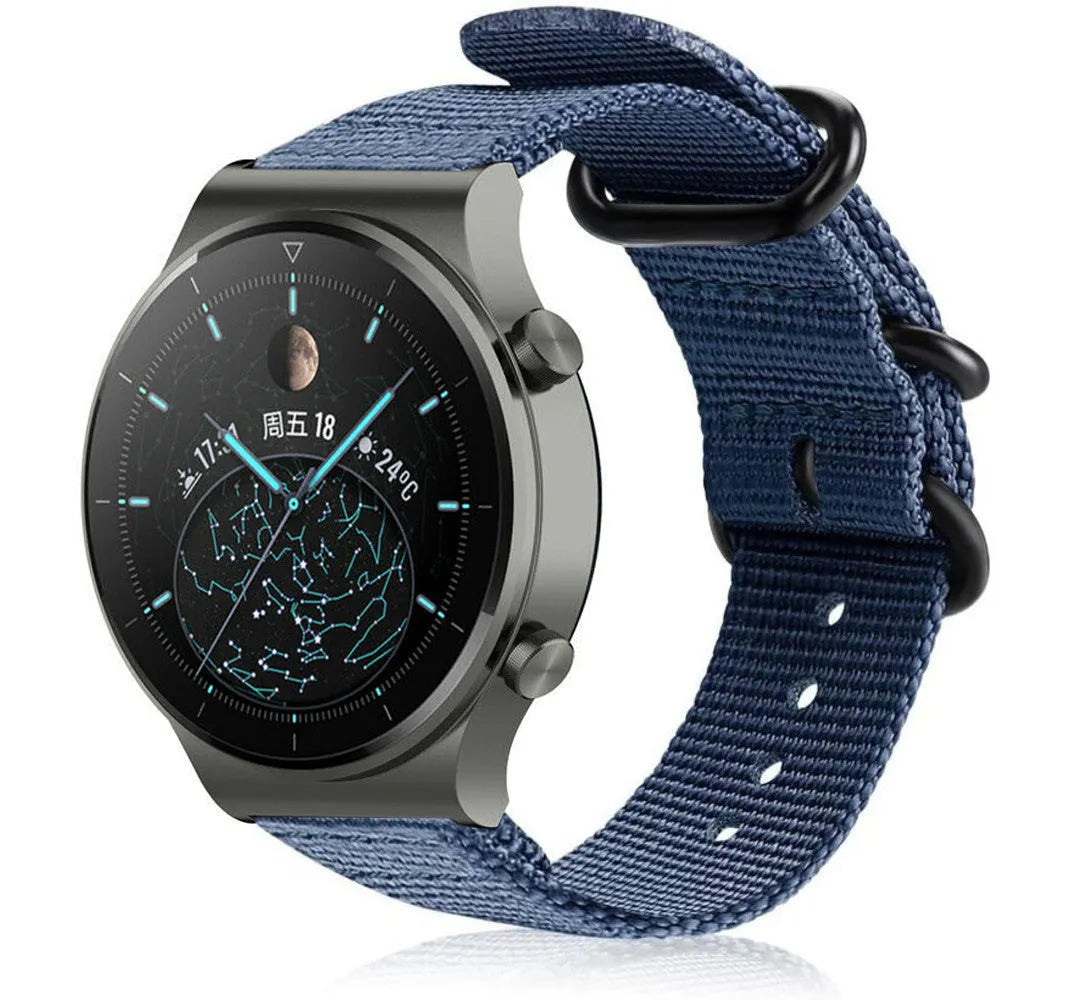 Nylon Buckle Strap, blue, on a watch, 3/4 front view