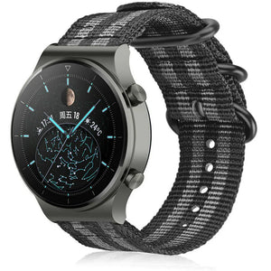 Nylon Buckle Strap, black/grey, on a watch, 3/4 front view