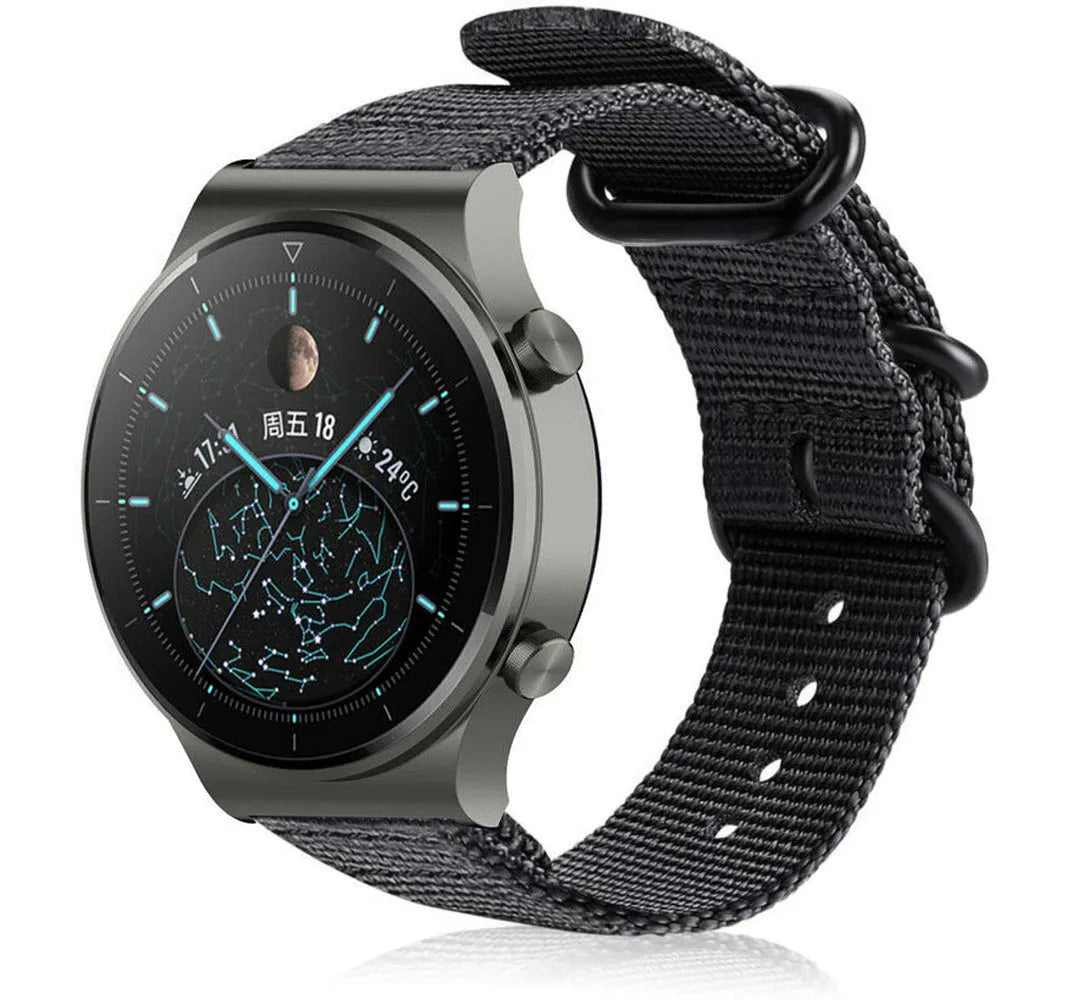 Nylon Buckle Strap, black, on a watch, 3/4 front view