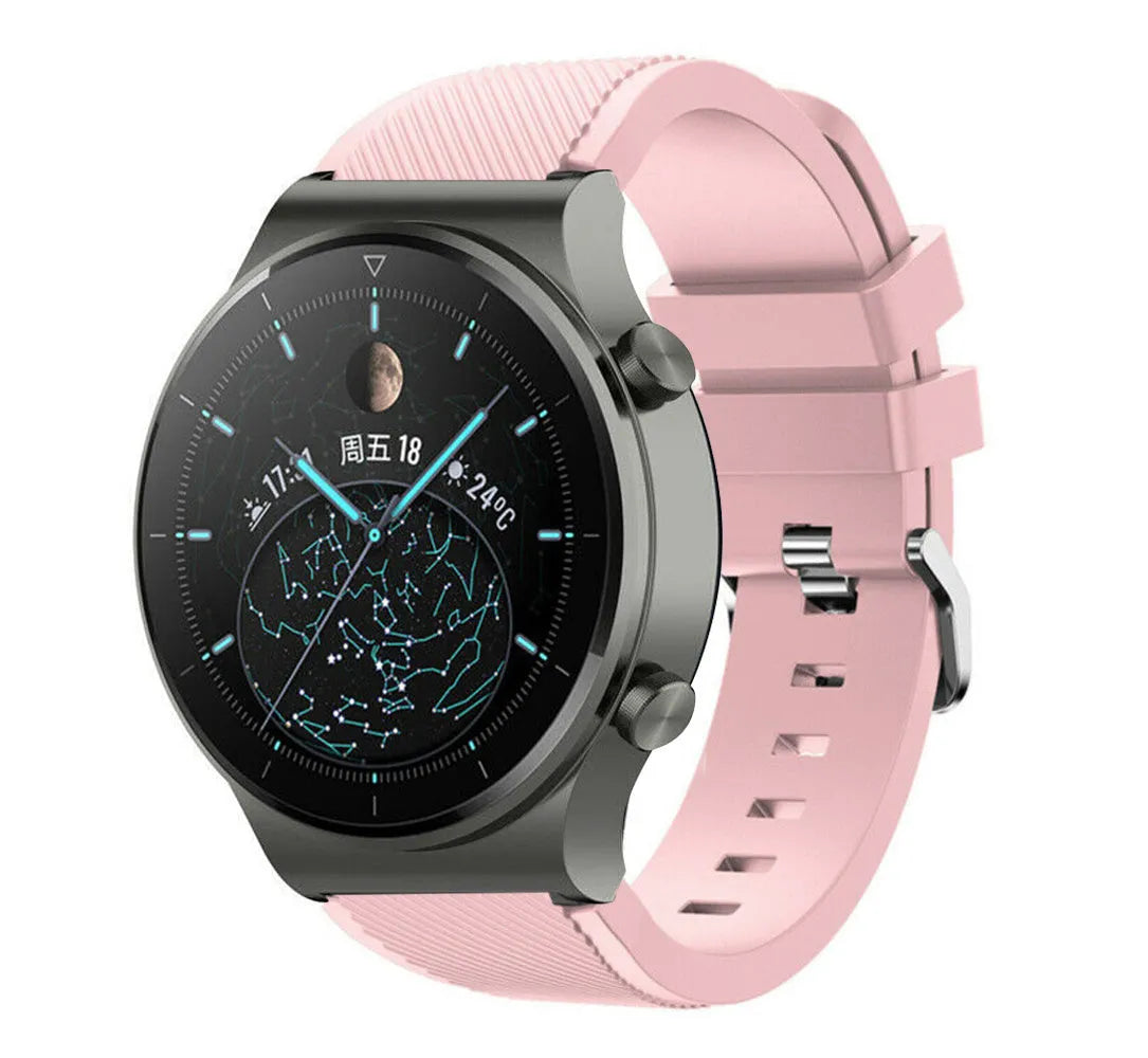 Twill Silicone Strap, pink, on a watch, 3/4 front view