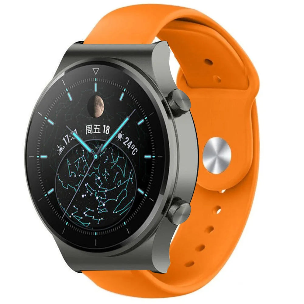 Silicone Sport Strap, orange, on a watch, 3/4 front view