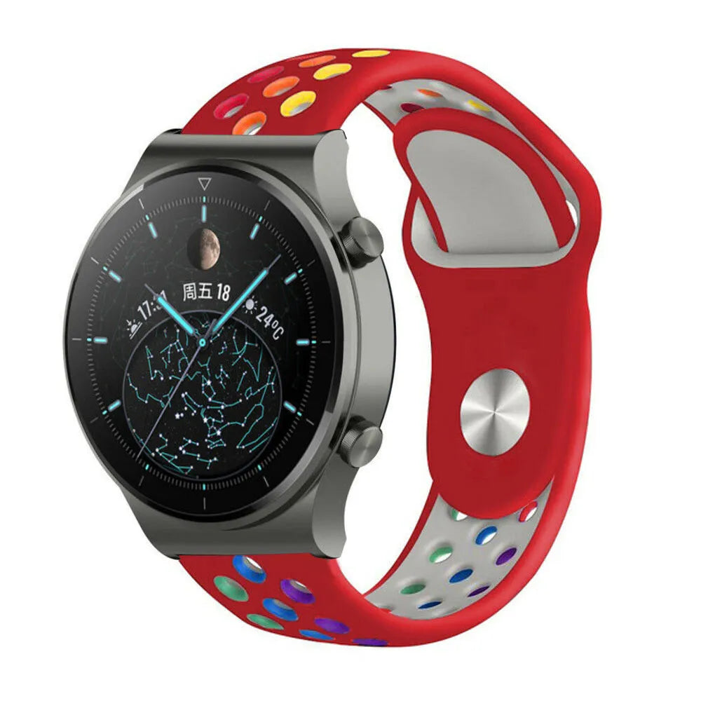 Silicone Sport Strap, red/colourful, on a watch, 3/4 front view
