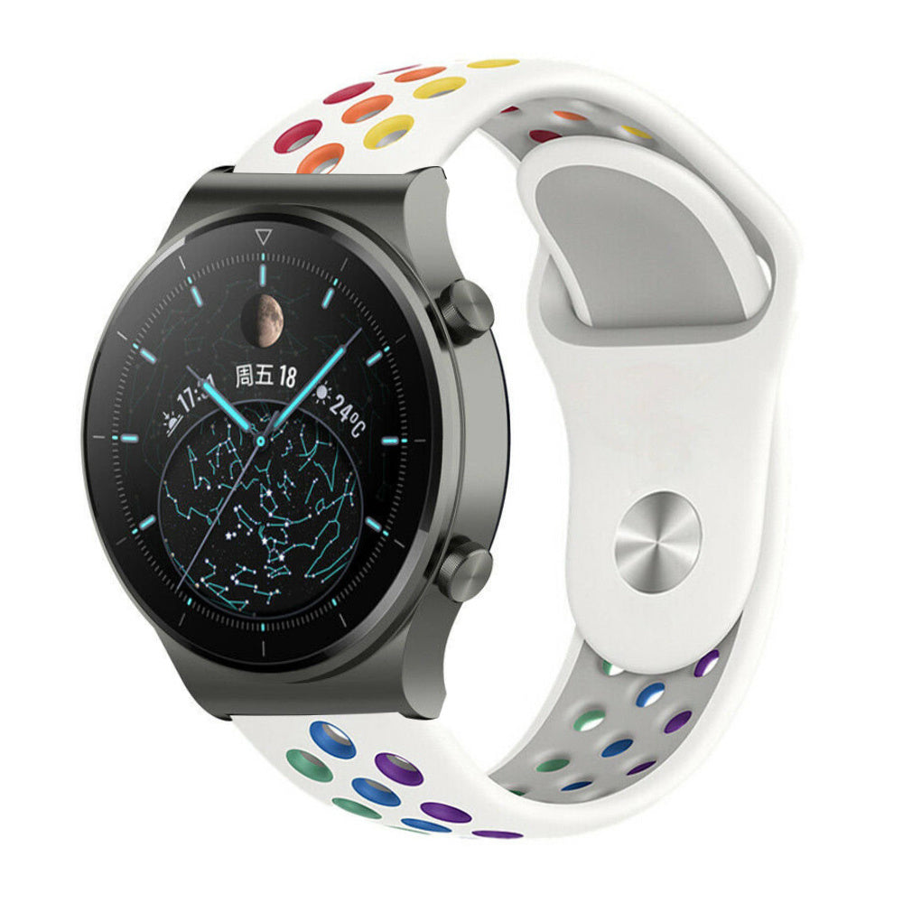 Silicone Sport Strap, white/colourful, on a watch, 3/4 front view