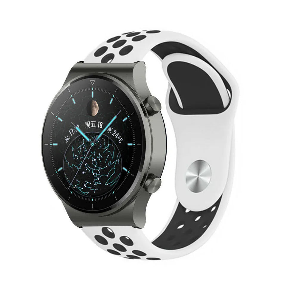Silicone Sport Strap, white/black, on a watch, 3/4 front view