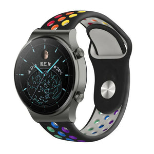 Silicone Sport Strap, black/colourful, on a watch, 3/4 front view