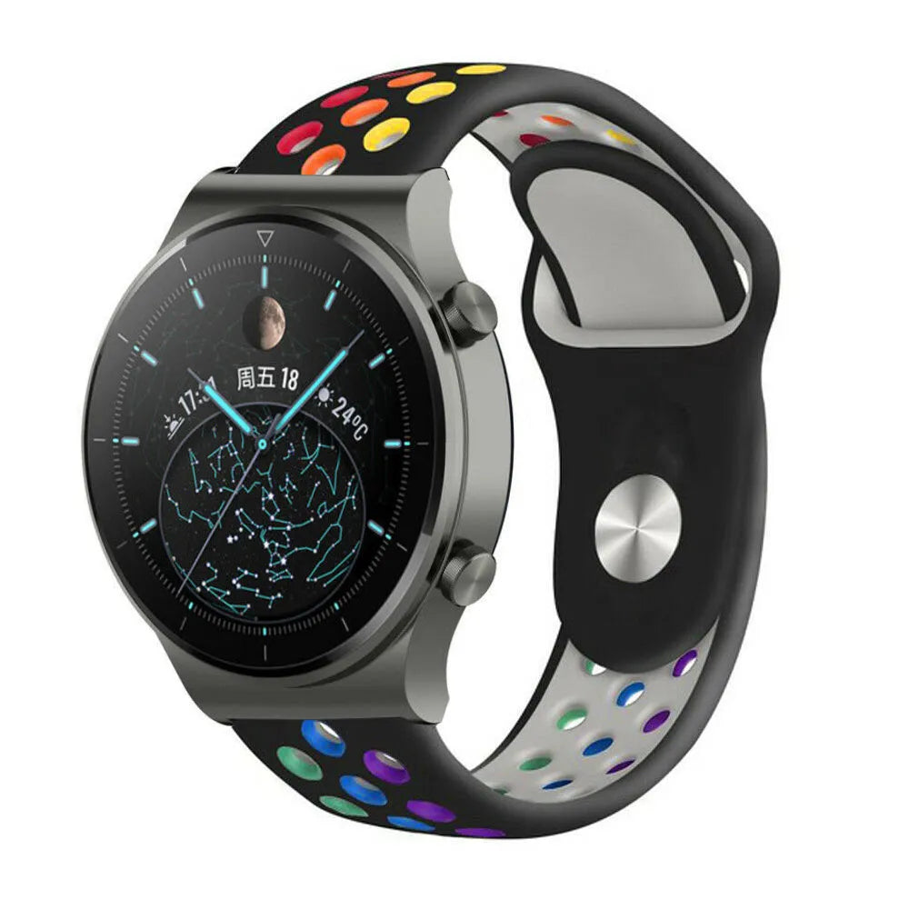 Silicone Sport Strap, black/colourful, on a watch, 3/4 front view
