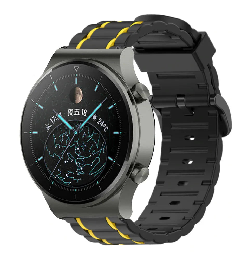 Silicone Sport Strap with Buckle, black/yellow, on a watch, 3/4 front view