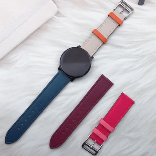 Leather Strap 'Duo', dark blue, on a watch, 3/4 front view