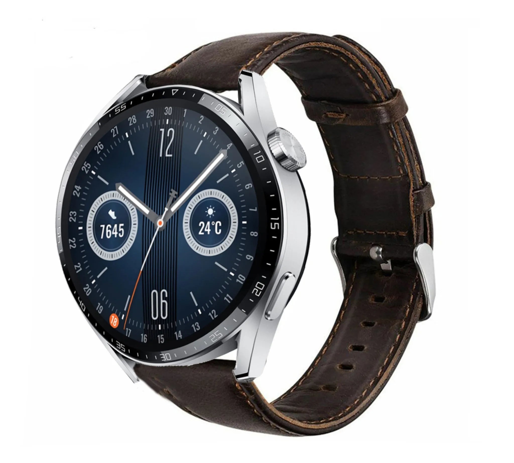 Leather Strap, dark brown, on a watch, 3/4 front view
