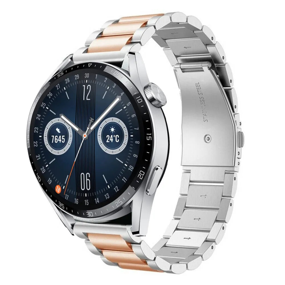Steel Strap, silver/rose gold, on a watch, 3/4 front view