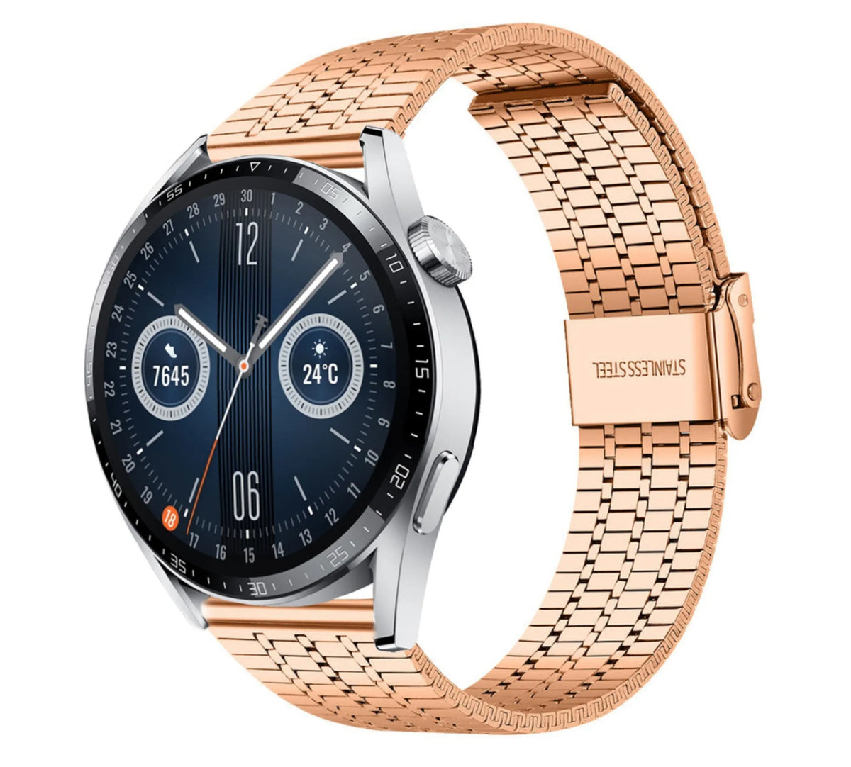 Fine Steel Strap, rose gold, on a watch, 3/4 front view