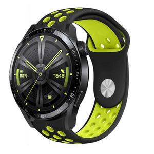 Silicone Sport Strap, black/yellow, on a watch, 3/4 front view