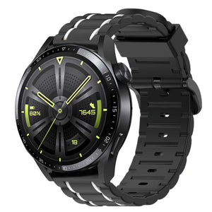 Silicone Sport Strap with Buckle, black/white, on a watch, 3/4 front view