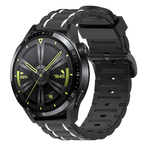Silicone Sport Strap with Buckle, black/white, on a watch, 3/4 front view