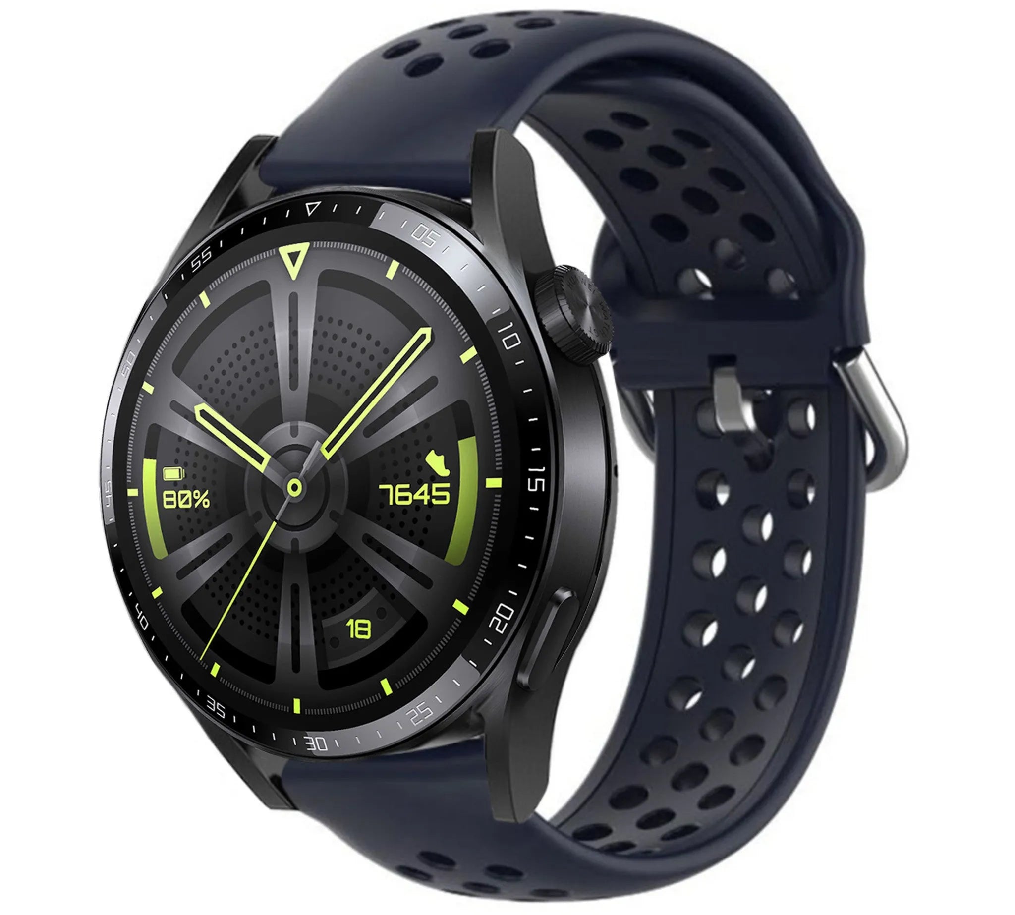 Breathable Silicone Strap, dark blue, on a watch, 3/4 front view