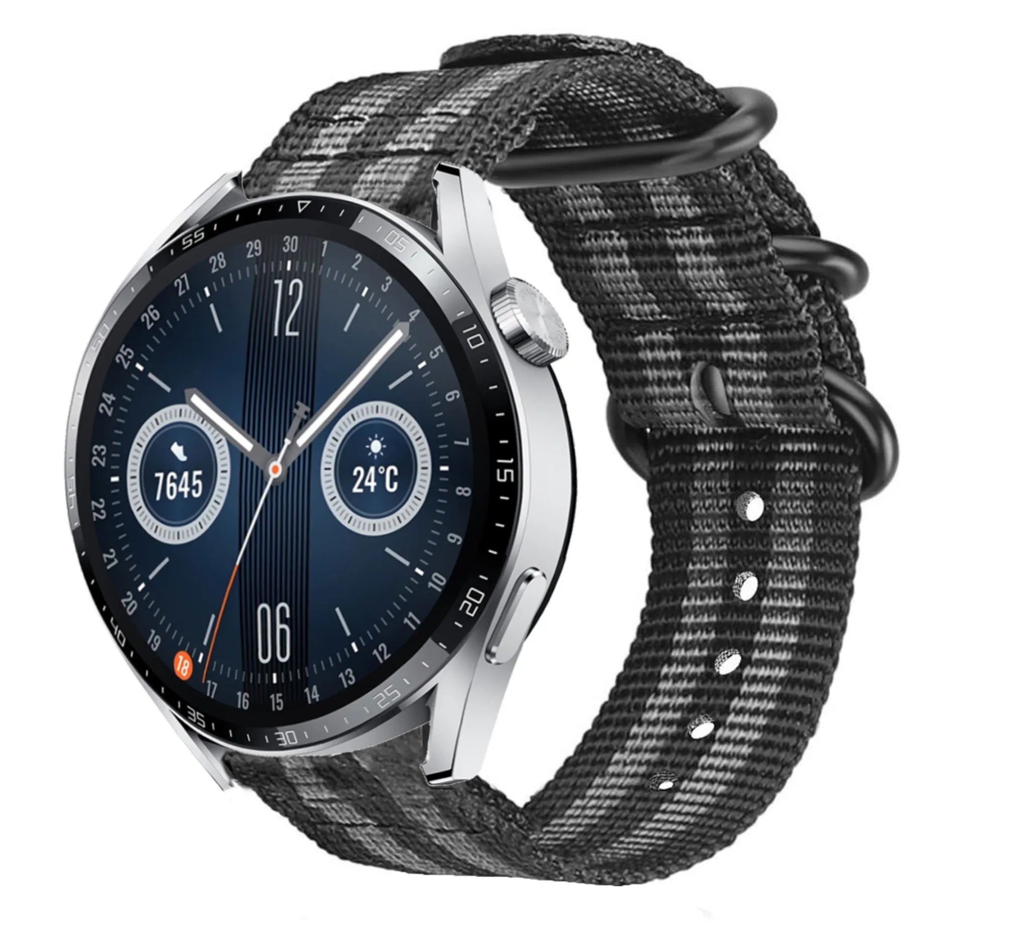 Nylon Buckle Strap, black/grey, on a watch, 3/4 front view